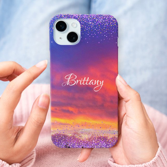 Chic pink blue sunset photo confetti custom script Case-Mate iPhone case (Creator Uploaded)
