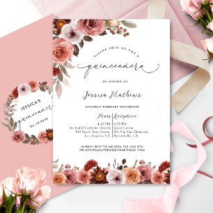 Chic Pink, Blush and Burgundy Floral Quinceañera Invitation