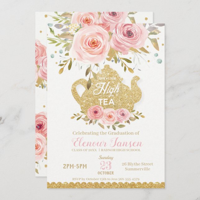 Chic Pink Blush Floral High Tea Graduation Party Invitation (Front/Back)