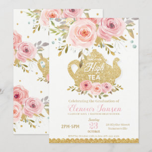 Chic Pink Blush Floral High Tea Graduation Party Invitation