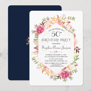 Chic Pink Blush Floral Navy Blue Birthday Party Invitation
