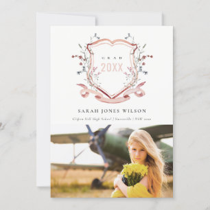 Chic Pink Blush Wildflower Crest Photo Graduation Announcement