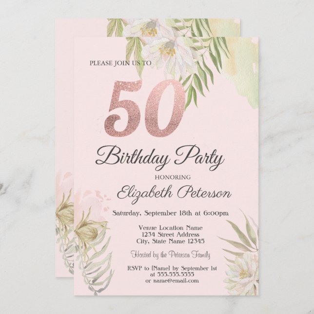 Chic Pink Boho Floral 50th Birthday Party  Invitation (Front/Back)
