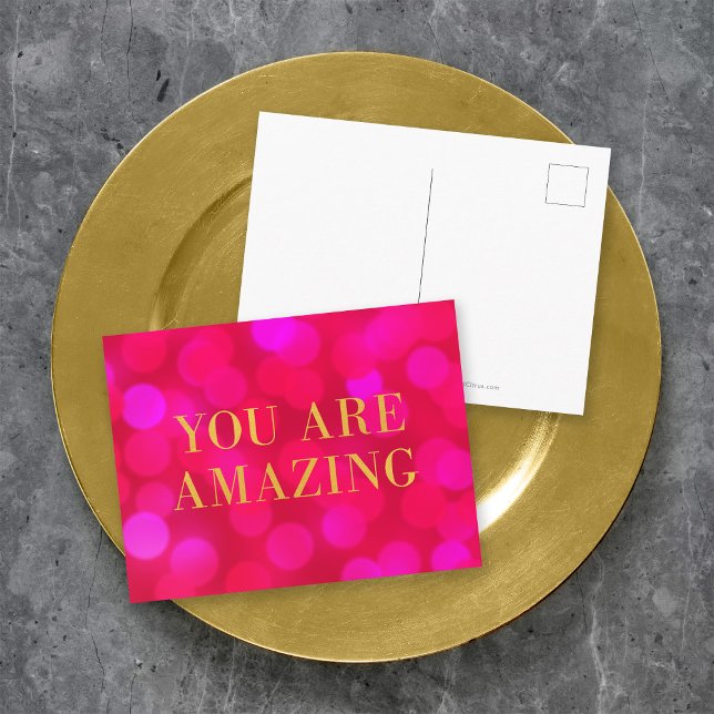 Chic Pink Bokeh Lights Faux Gold You Are Amazing Postcard (Creator Uploaded)