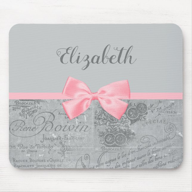 Chic Pink Bow Girly Parisian Ephemera and Name Mouse Pad (Front)