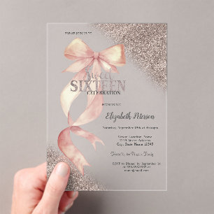 Chic Pink Bow Glitter Rose Gold Sweet 16 Acrylic Invitations