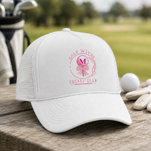 Chic Pink Bow Monogram Golf Wives Social Club Trucker Hat