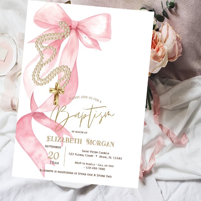 Chic Pink Bow Pearls Cross Baptism Invitation (Creator Uploaded)