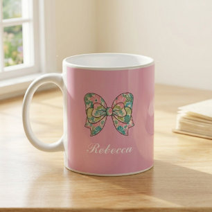 Chic Pink Bow Personalized Name Two-Tone Mug