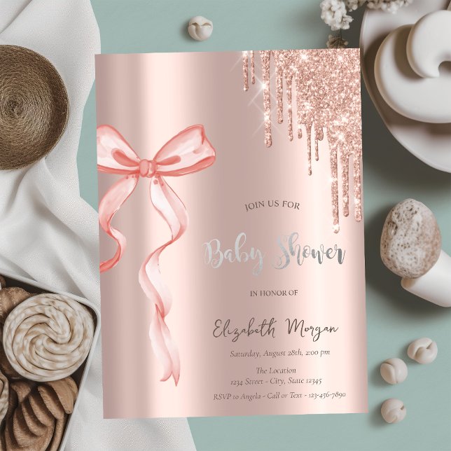Chic Pink Bow Rose Gold Drips Baby Shower Invitation (Creator Uploaded)