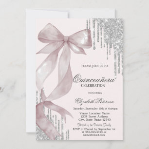 Chic Pink Bow Silver Glitter Drips Quinceañera Invitation