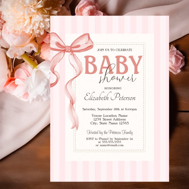 Chic Pink Bow Striped Baby Shower Invitation (Creator Uploaded)