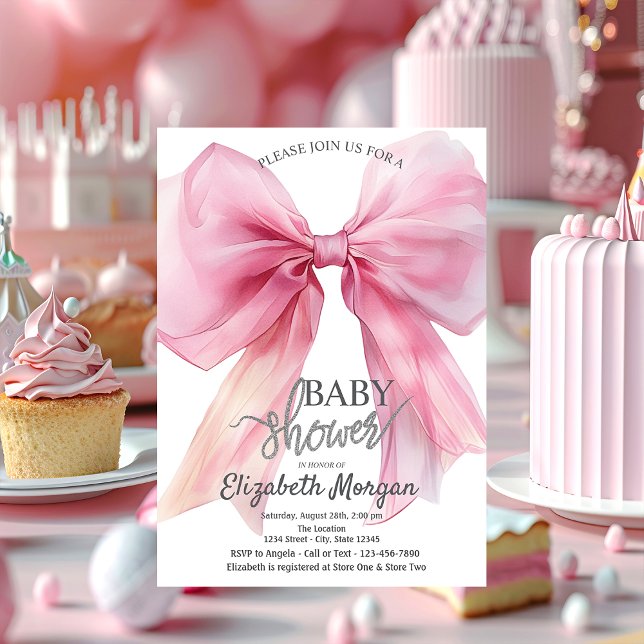 Chic Pink Bow Striped Baby Shower Invitation (Creator Uploaded)