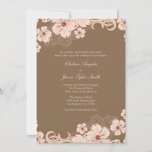 Chic pink brown hibiscus flower wedding invitation (Front)