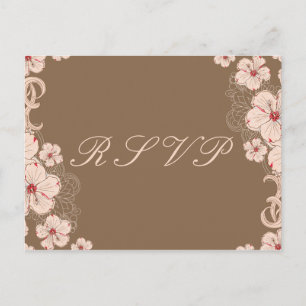 Chic pink brown hibiscus flower wedding RSVP reply Invitation Postcard