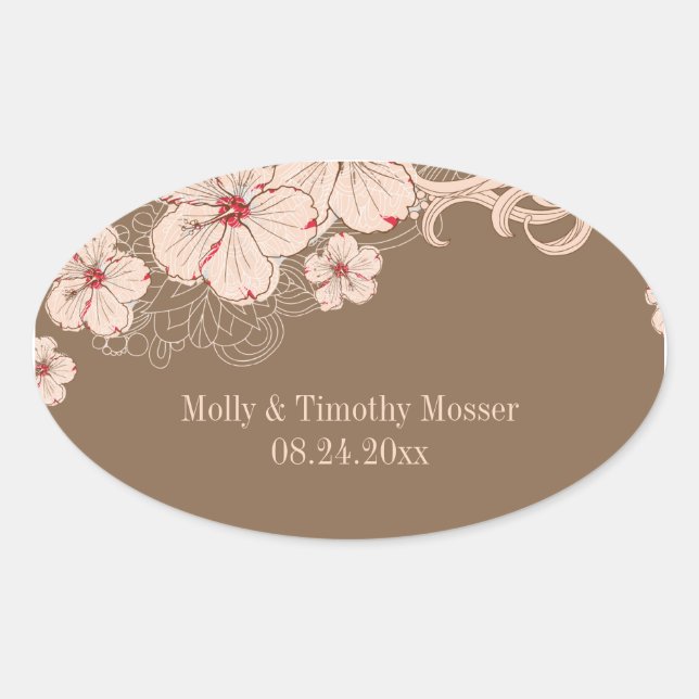 Chic pink brown hibiscus flower wedding stickers (Front)