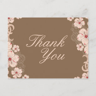 Chic pink brown hibiscus flower wedding thank you postcard
