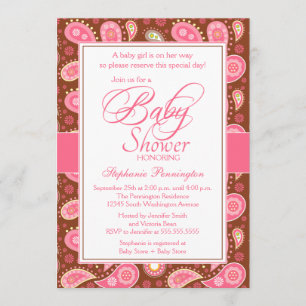Chic pink + brown paisley baby shower invitation