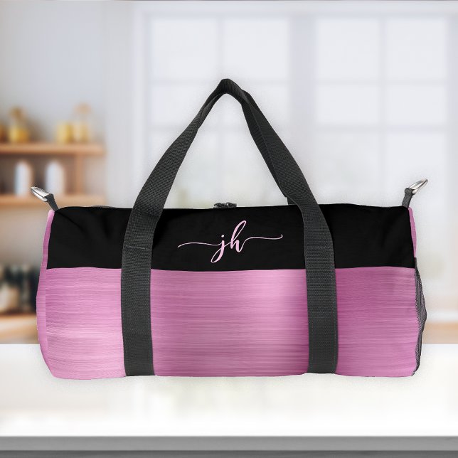 Chic Pink Brushed Metal Black Script Monogram  Duffle Bag (Creator Uploaded)