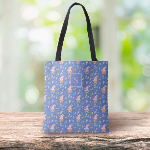 Chic Pink Bunny Floral Pattern Blue Monogram Tote Bag