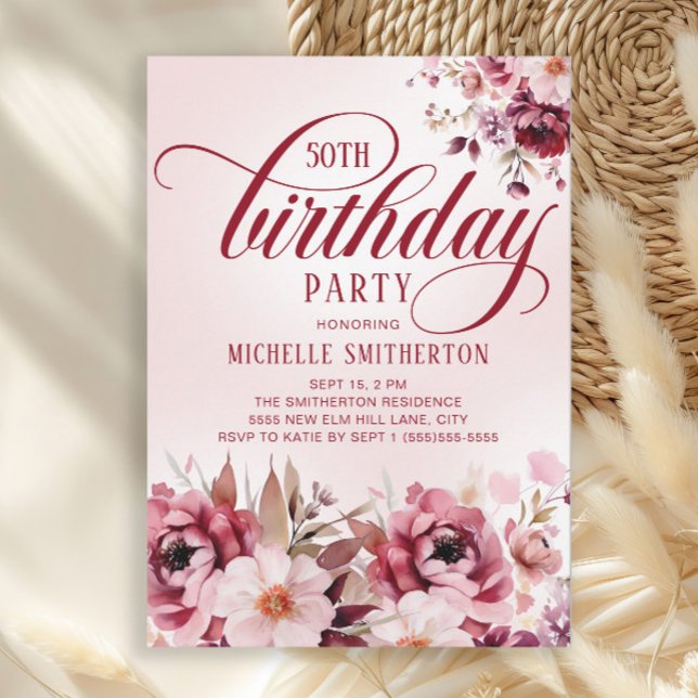 Chic Pink Burgundy Floral Glam 50th Birthday Invitation (Burgundy and pink watercolor floral 50th birthday party invitation)