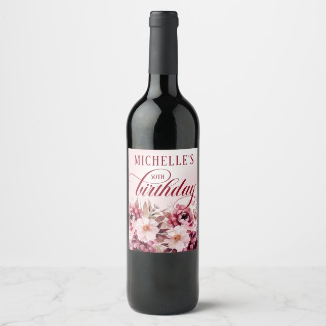 Chic Pink Burgundy Floral Glam 50th Birthday Wine Label (Front)