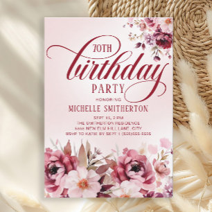Chic Pink Burgundy Floral Glam 70th Birthday Invitation