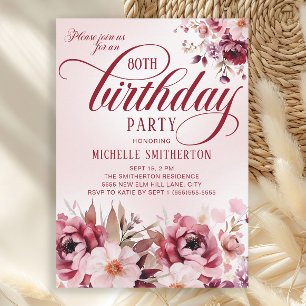 Chic Pink Burgundy Floral Glam 80th Birthday Invitation