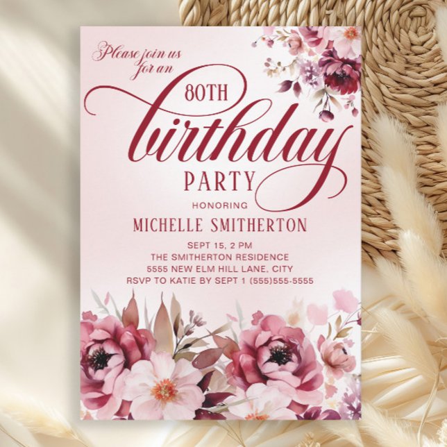Chic Pink Burgundy Floral Glam 80th Birthday Invitation (Elegant burgundy and pink watercolor floral 80th birthday party invitation)