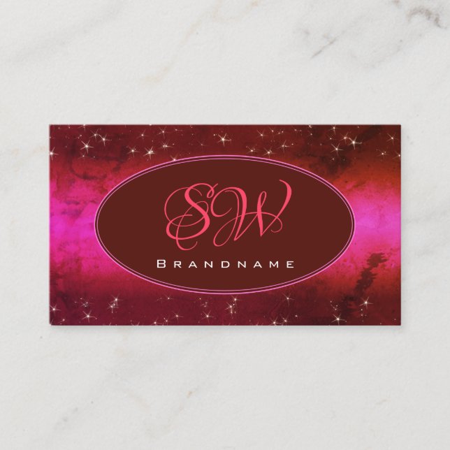 Chic Pink Burgundy Marbled Glitter Stars Monogram Business Card (Front)