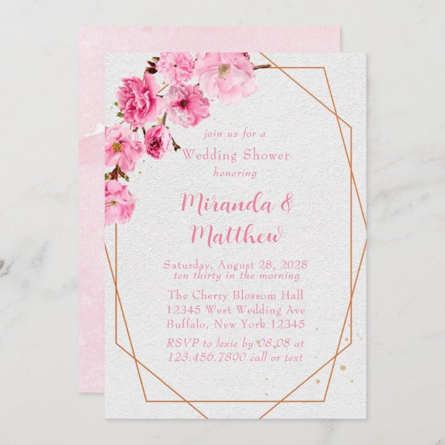 Chic Pink Cherry Blossom Geometric Wedding Shower Invitation (Front/Back)