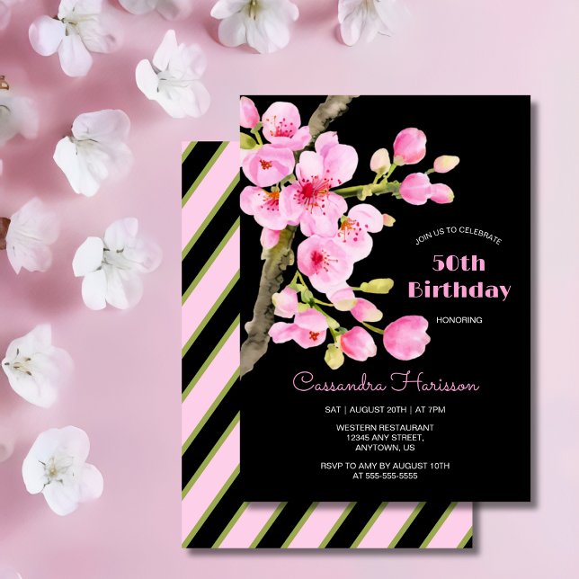 Chic Pink Cherry Blossom Sakura Black Birthday Invitation (Creator Uploaded)