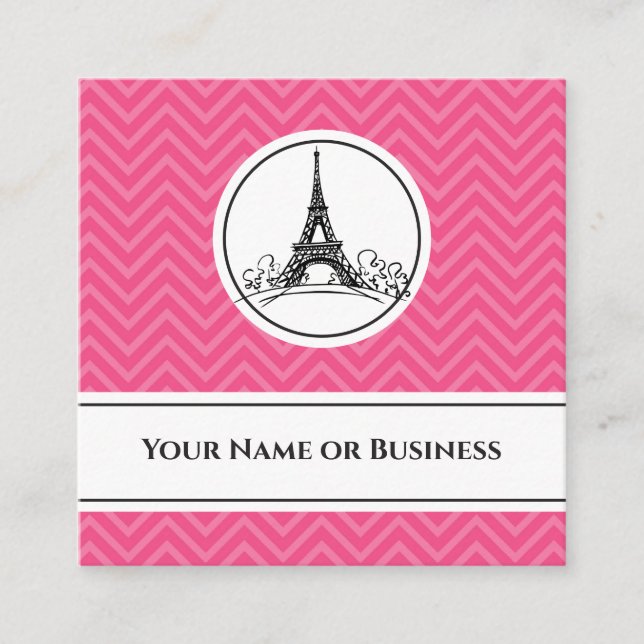 Chic Pink Chevron Eiffel Tower Paris France Square Business Card (Front)