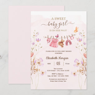 Chic Pink Clothesline Wildflowers Baby Shower Invitation