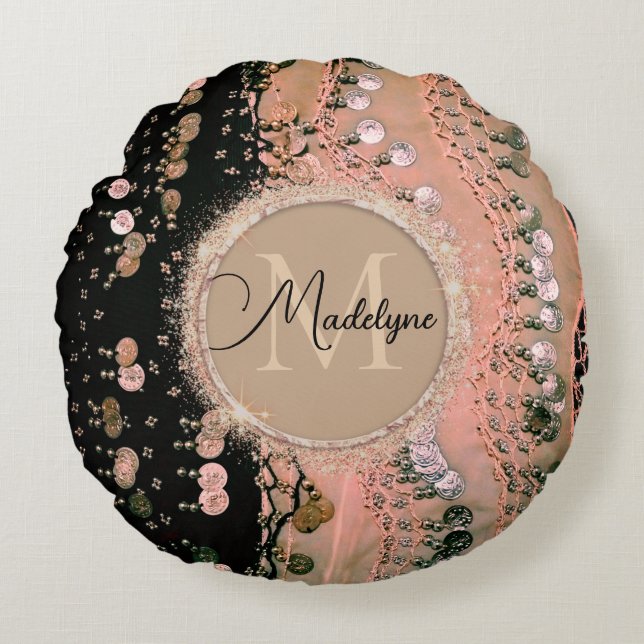 Chic Pink Coral and Black Gypsy Scarf  Round Cushion (Front)