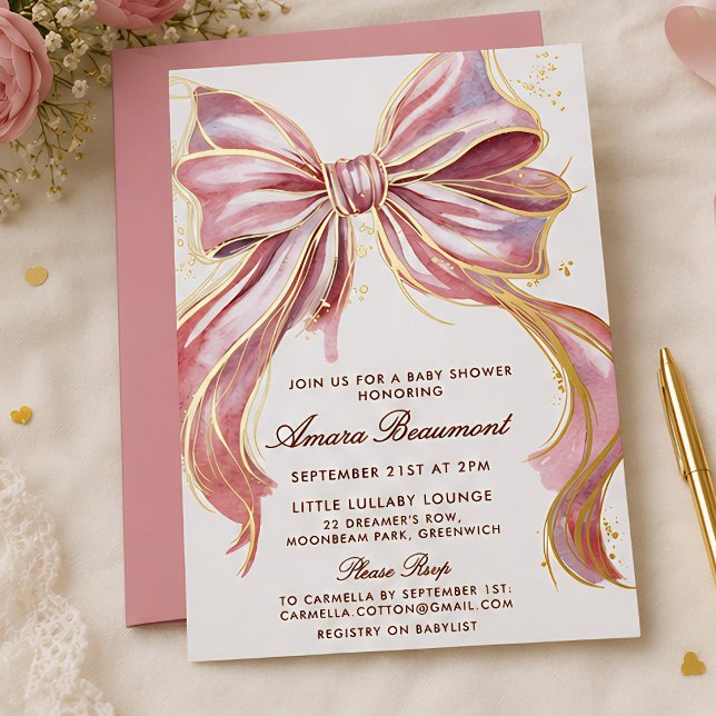 Chic Pink Couture Watercolor Bow Baby Shower  (Creator Uploaded)