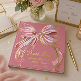 Chic Pink Couture Watercolor Bow Gold Baby Shower  Guest Book