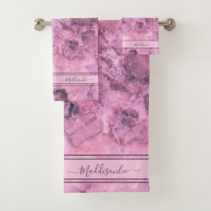 Chic Pink Crystal Monogram Name Marble Agate  Bath Towel Set