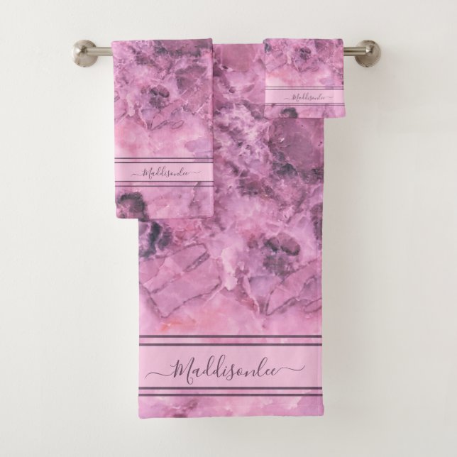 Chic Pink Crystal Monogram Name Marble Agate  Bath Towel Set (Insitu)