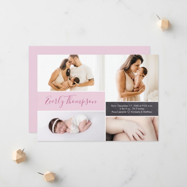 Chic Pink Custom name and baby girl photo collage Announcement (Front/Back In Situ)