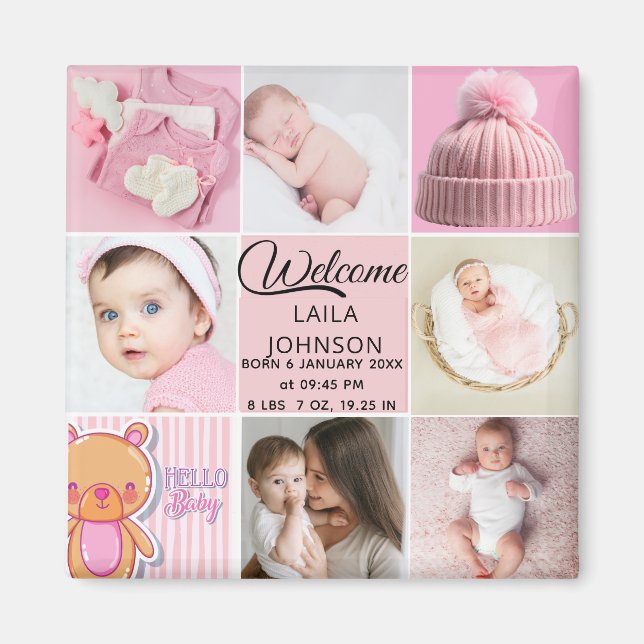 Chic Pink Custom name and baby girl photo collage Magnet (Front)