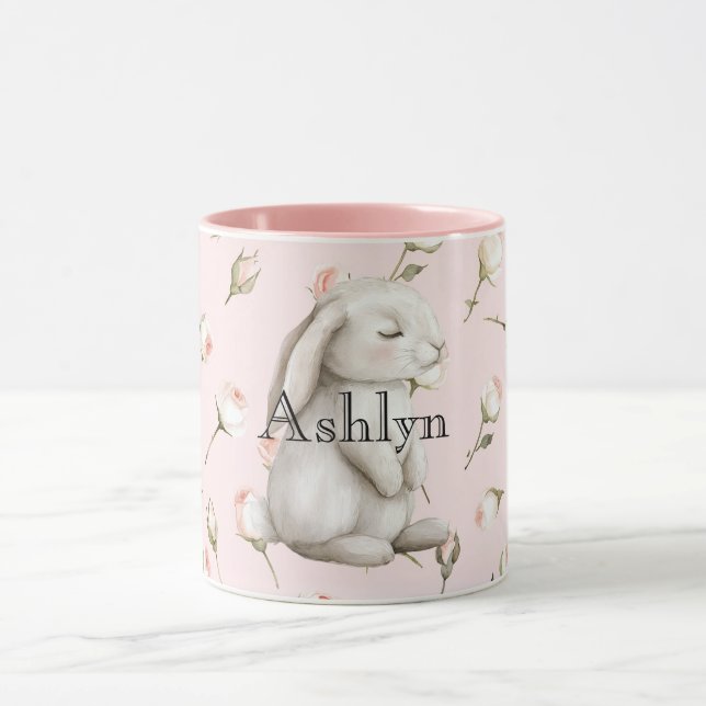 Chic Pink Cute Bunny Rose Floral Mug (Center)