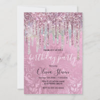 Chic pink damask dripping unicorn glitter monogram