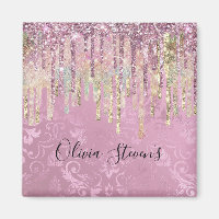 Chic pink damask dripping unicorn glitter monogram