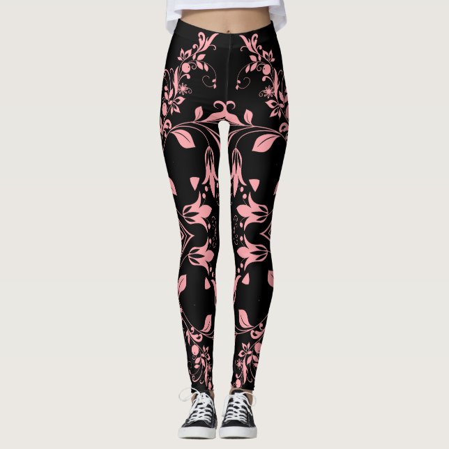 Chic Pink Damask Pattern Women's Workout Leggings (Front)