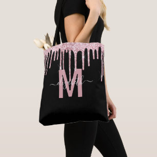 Chic Pink Dripping Glitter Monogram Name Tote Bag