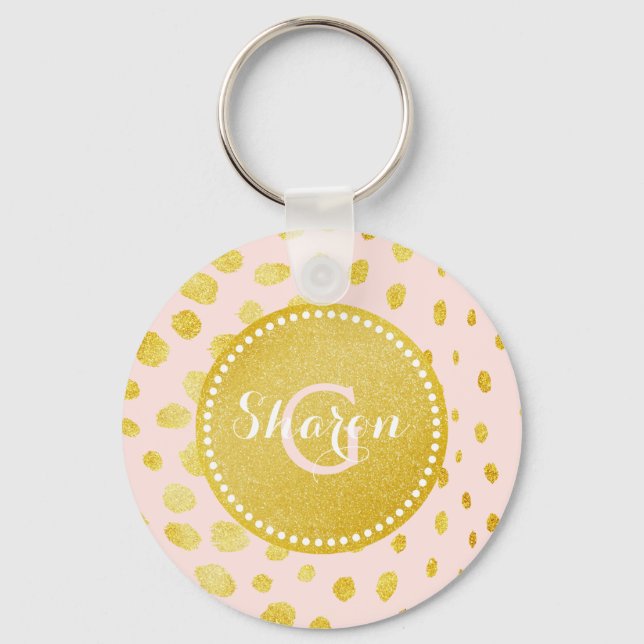Chic pink faux gold glitter cheetah print monogram key ring (Front)