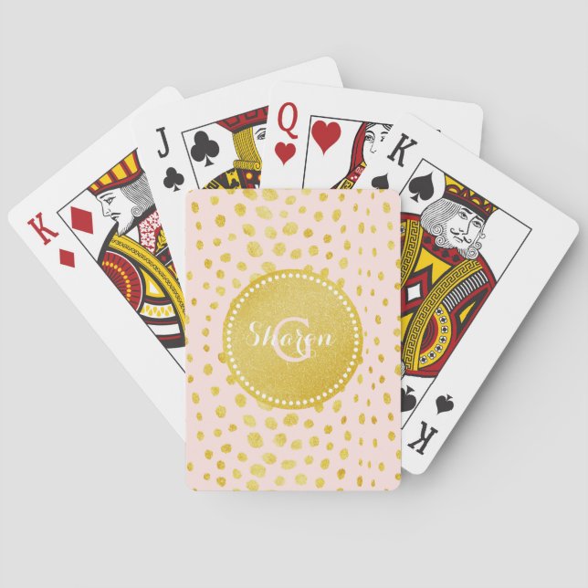 Chic pink faux gold glitter cheetah print monogram playing cards (Back)