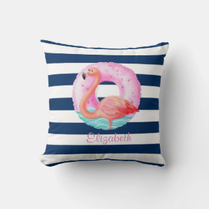 Chic Pink Flamingos Pool Float Navy Blue Striped Cushion