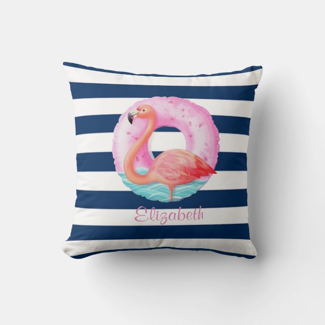 Chic Pink Flamingos Pool Float Navy Blue Striped Cushion (Front)